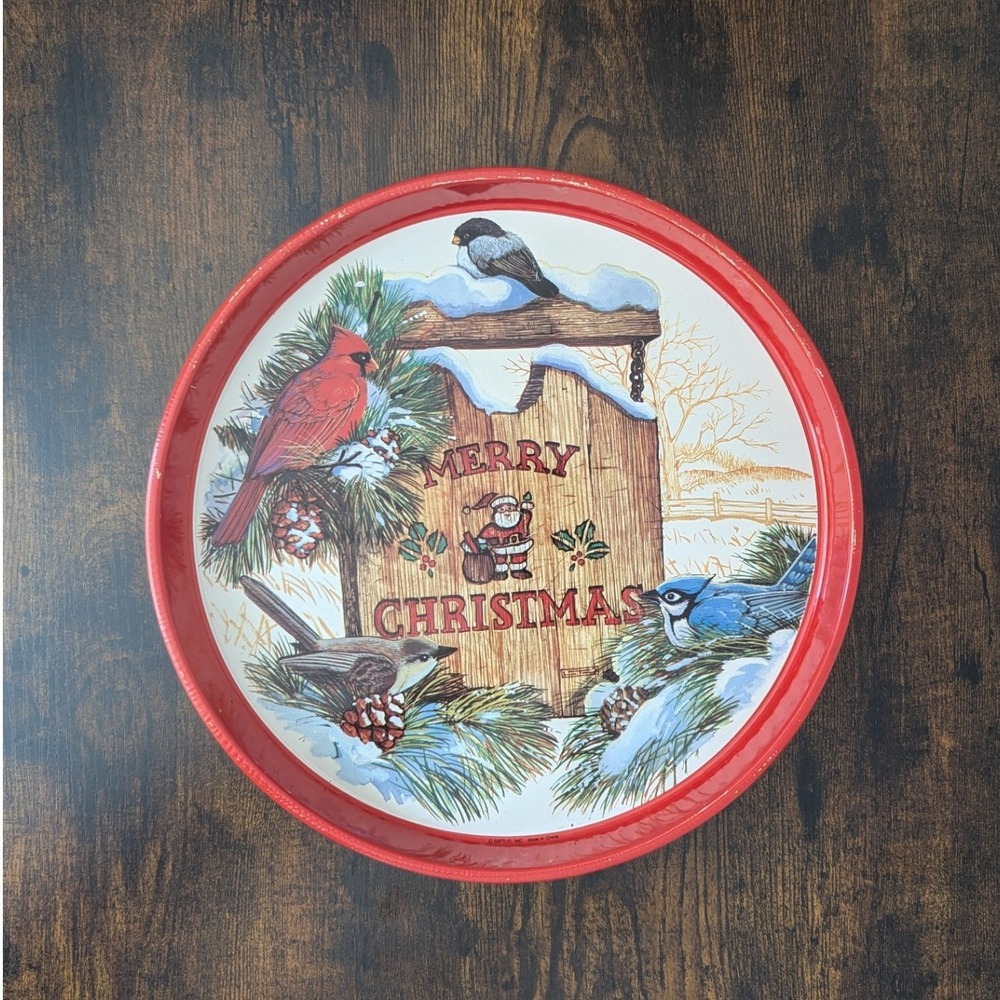 Vtg Giftco Inc Metal Serving Tray Christmas Red Bird Winter Scene Farmhouse